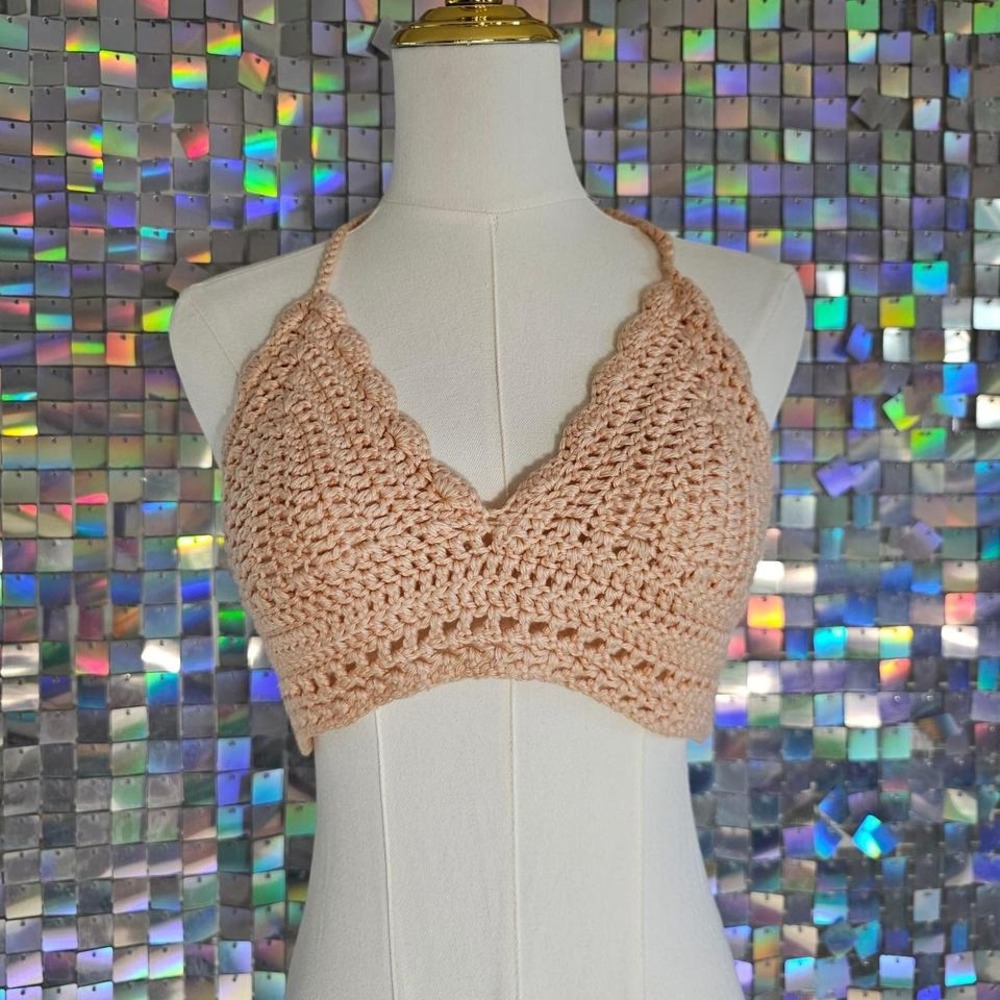 Knit Crochet Halter Top Summer Peach Beachy Boho Festival Rave Scalloped - Picture 3 of 5